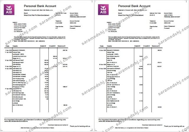 Ireland Allied Irish Banks (AIB) statement of account Word and PDF template, 2 pages